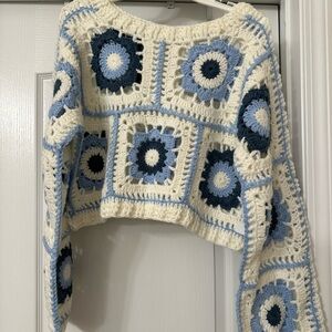 New Altar'd State Blue and Cream Crochet Shrug